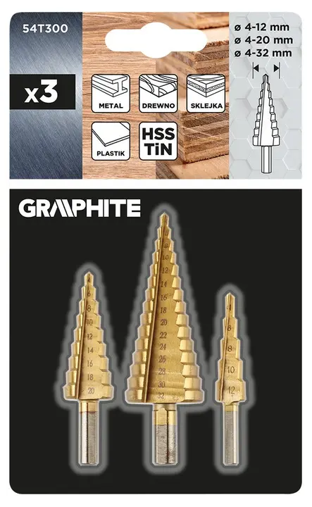 Kademeli matkap ucu: 4-12, 4-20, 4-32 mm, TiN, 3 parça set