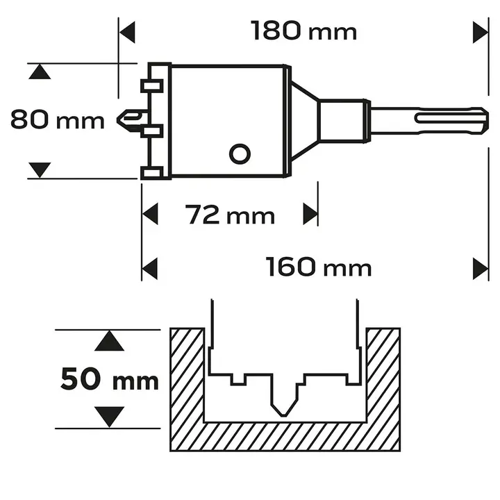 Çatal panç testere 80mm, SDS+ adaptörlü ve kılavuz matkap uçlu