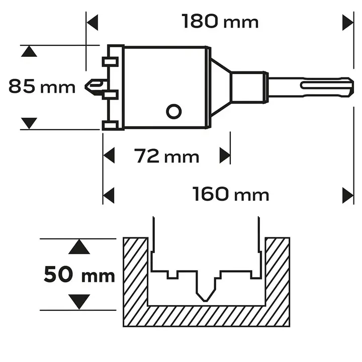 Çatal panç testere 85mm, SDS+ adaptörlü ve kılavuz matkap uçlu