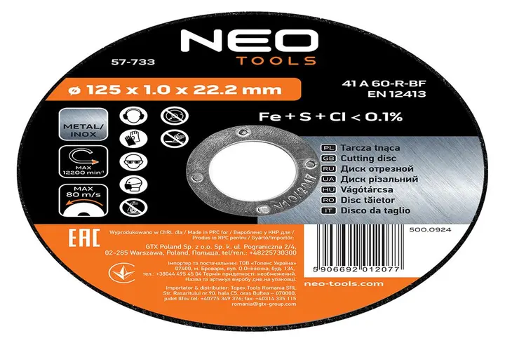 Metal kesme diski 125 x 1,0 x 22,2 mm, 41 A60-R-BF, INOX, 10 adet