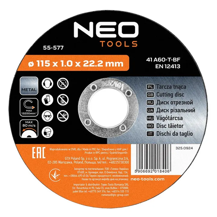 Metal kesme diskleri 115 x 1,0 x 22,2 mm, 41 A60-T-BF, 10 adet, film ambalaj
