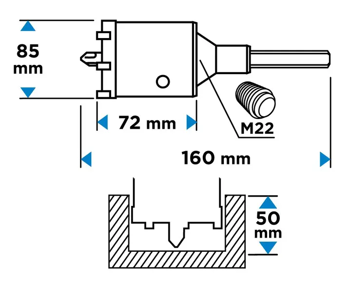 Karbür uçlu delik açma testeresi 85 mm, HEX adaptörlü ve kılavuz matkap uçlu