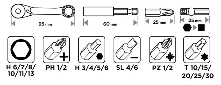 Cırcırlı ve 60 mm manyetik tutuculu 25 mm uç ve lokma seti, 24 parça