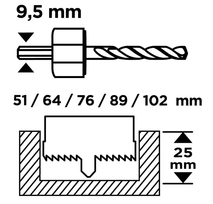 Adaptörlü ahşap delik açma testeresi 51 - 102 mm, 8 parça set