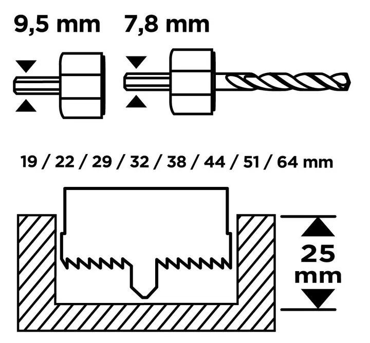 Adaptörlü ahşap delik açma testeresi 19 - 64 mm, 12 parça set