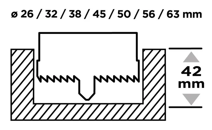 Ahşap delik açma testeresi 26 - 63 mm, h 50 mm, sertleştirilmiş diş, 7 parça set