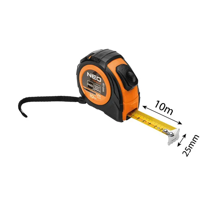 Geri sarılabilir çelik şerit metre 10 m x 25 mm, otomatik kilitli, iki durdurma düğmeli